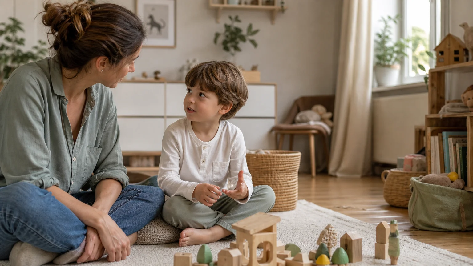 Un parent écoute attentivement son enfant dans un intérieur familial