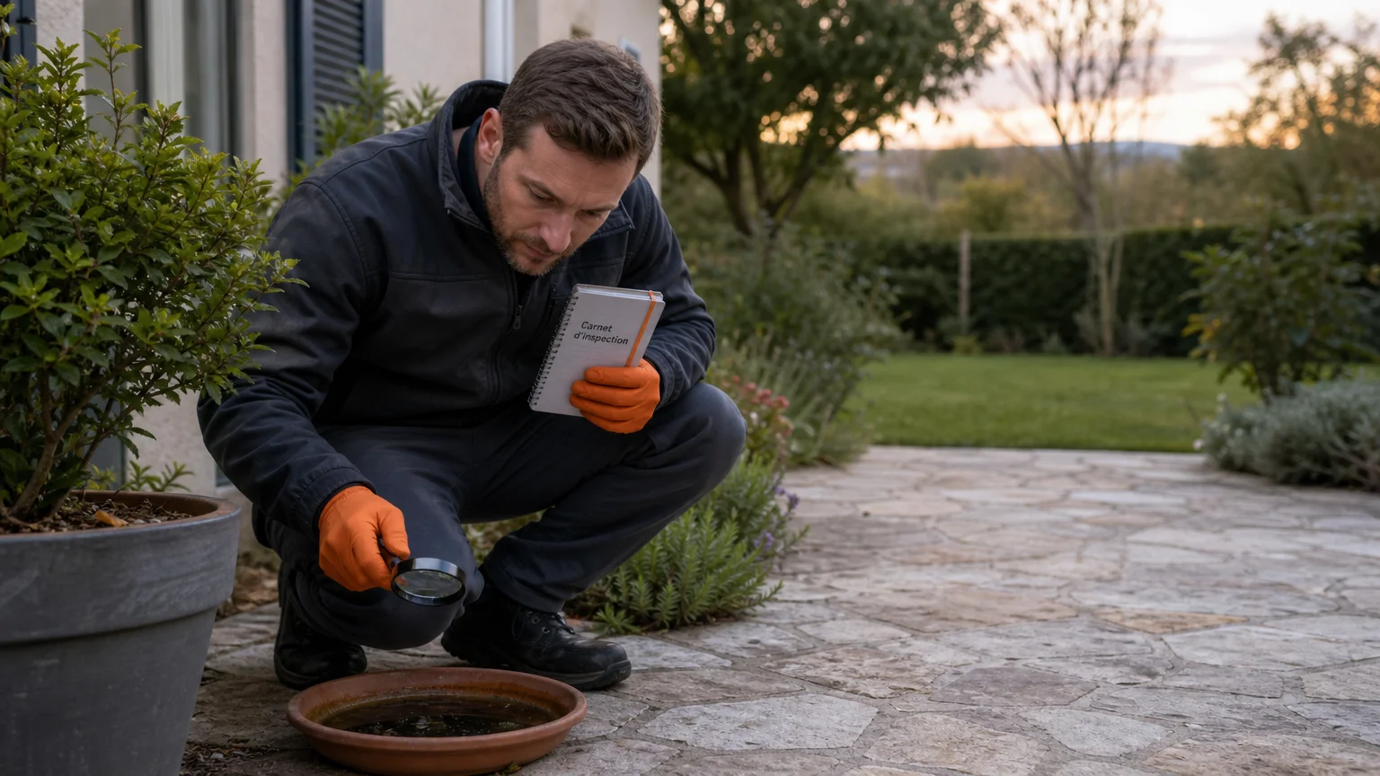 Technicien inspectant un point d’eau stagnant pour identifier la source des moustiques