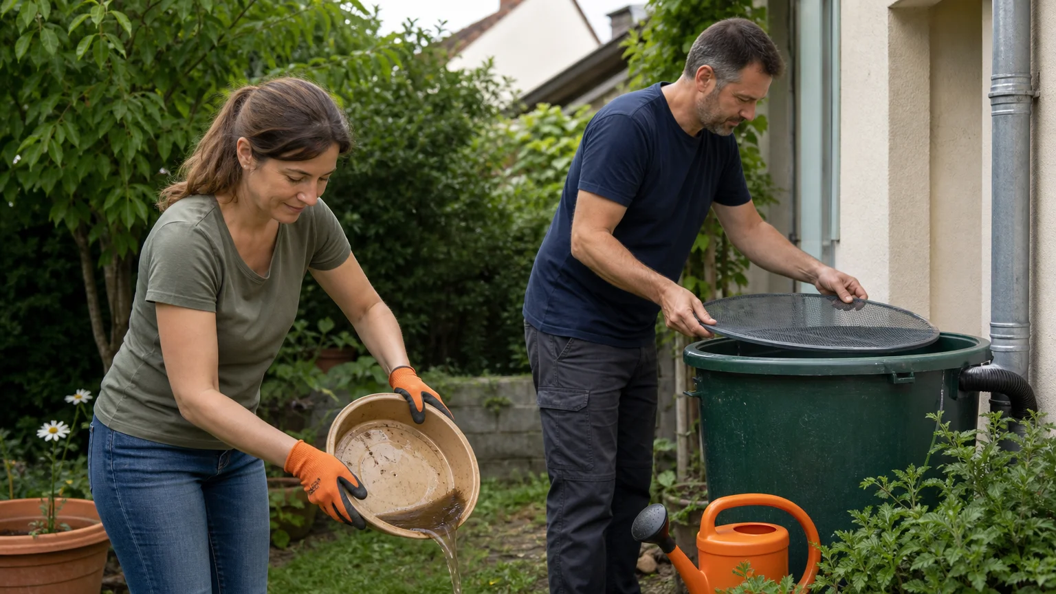 Personne vidant une soucoupe et couvrant un récupérateur d’eau pour limiter les moustiques