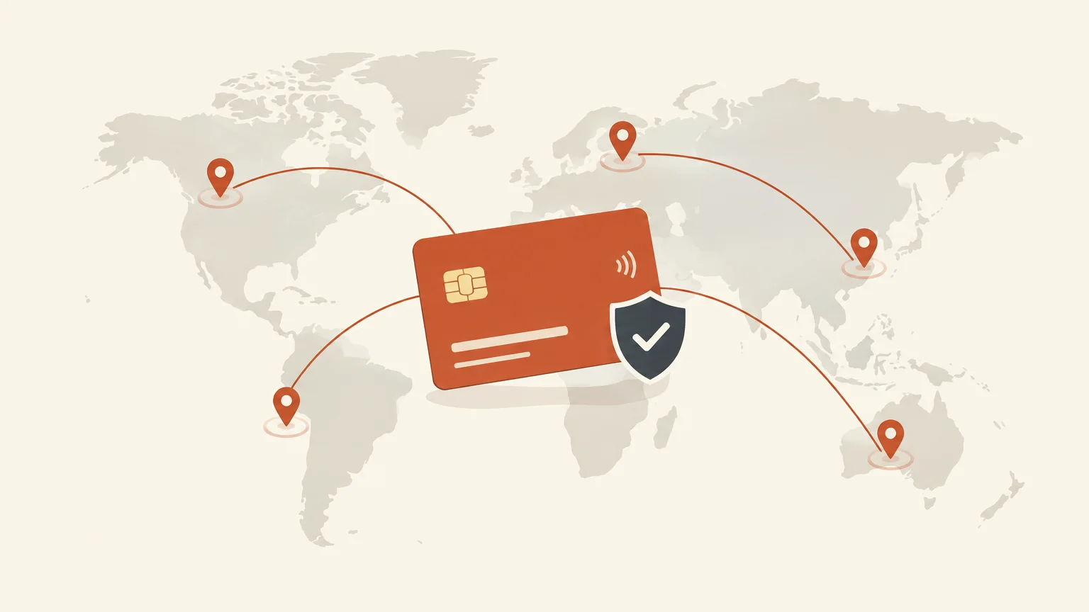 Editorial illustration of a secure payment card connected across a world map for a digital seller