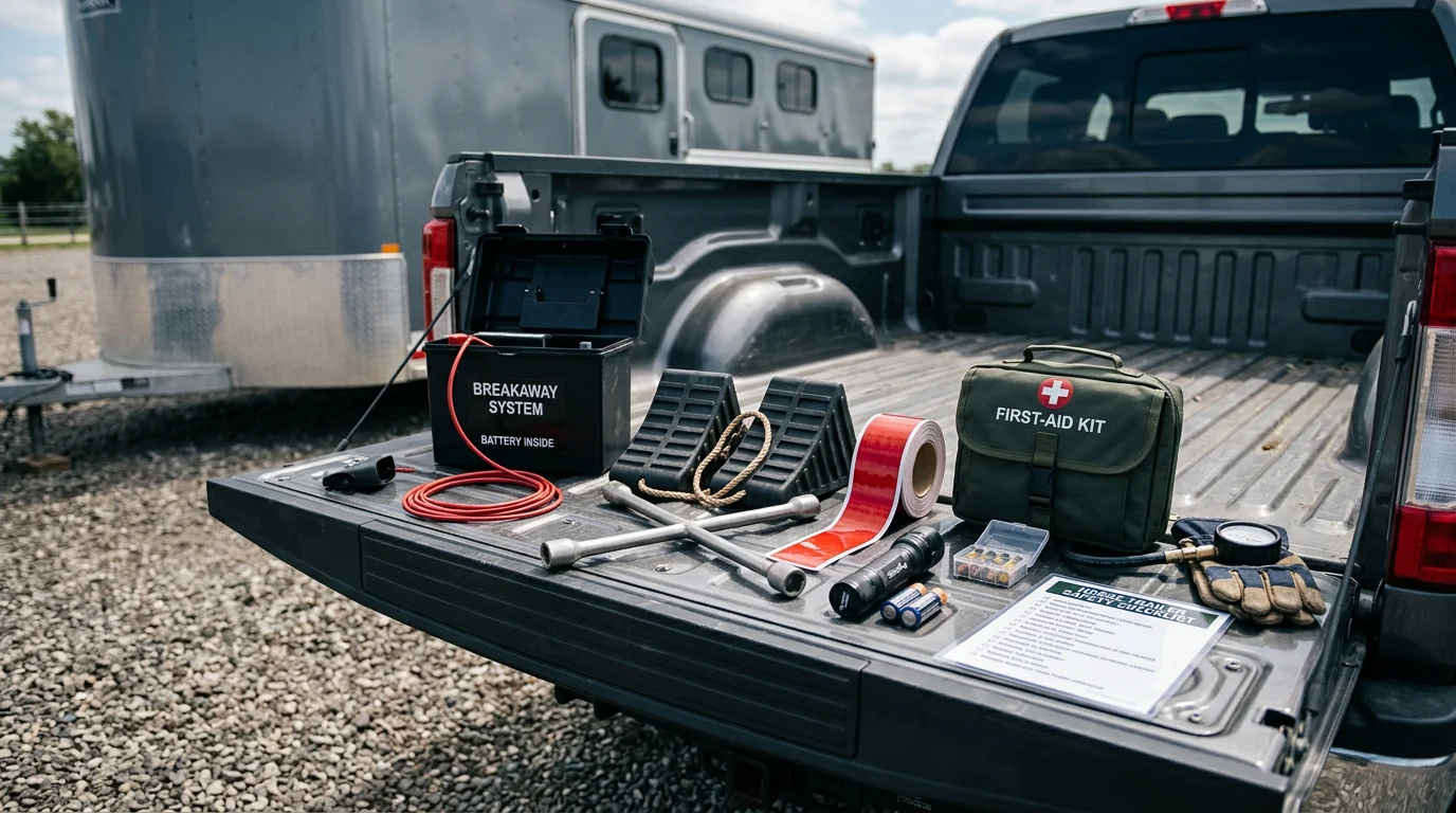 Horse trailer safety accessories arranged on a truck tailgate