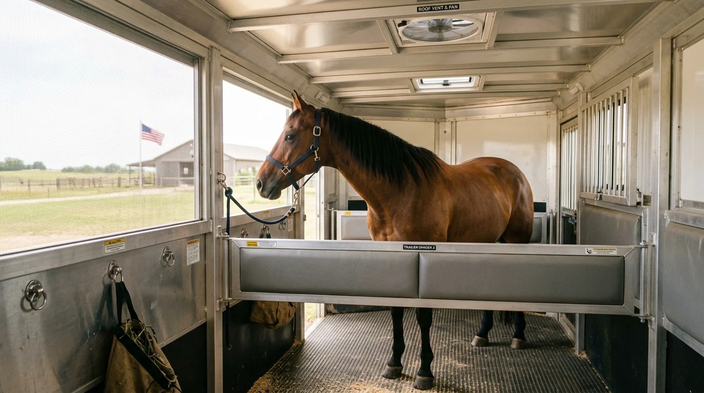 Horse inside a ventilated trailer with padded dividers and a fan