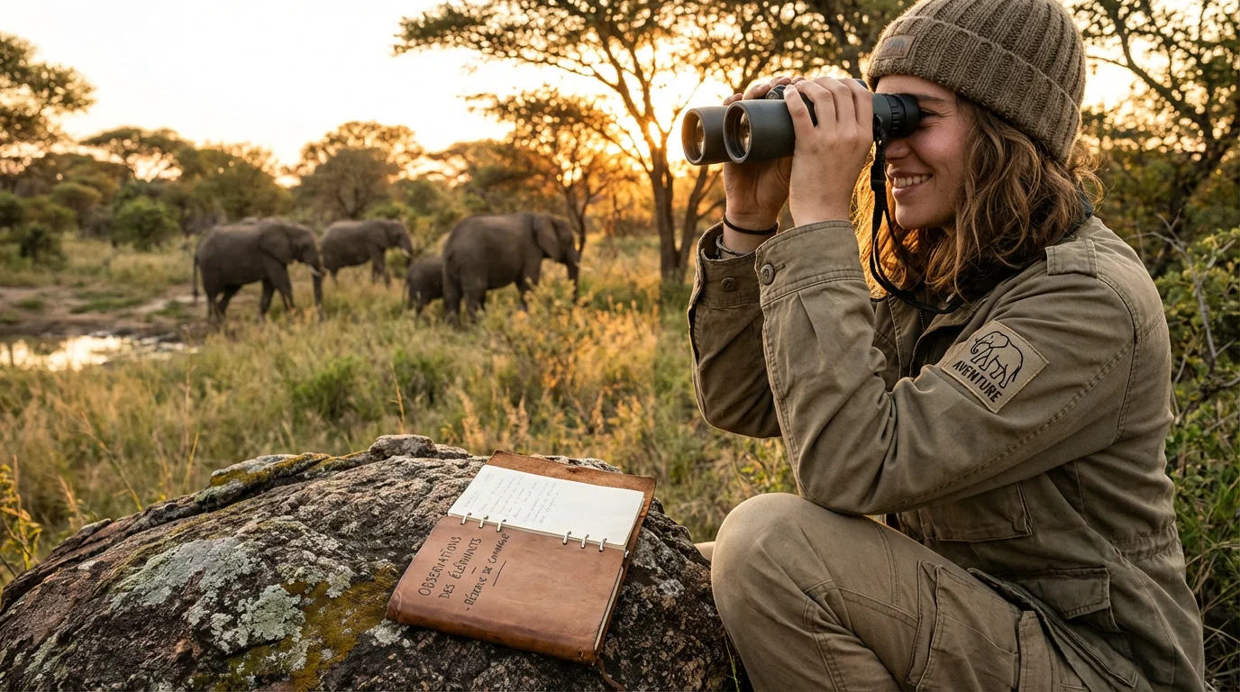 Écovolontaire européenne observant des éléphants sauvages dans une réserve naturelle