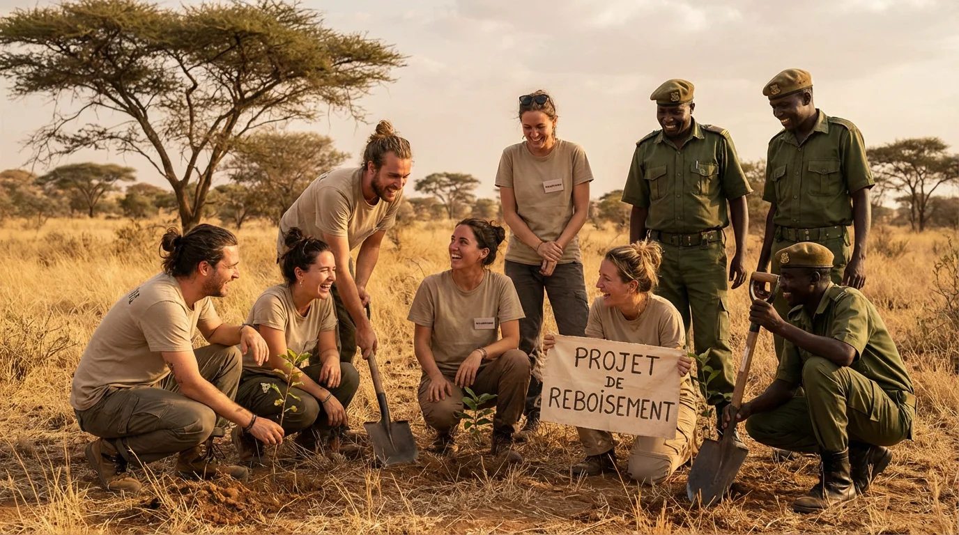 Groupe d'écovolontaires européens plantant des arbres aux côtés de rangers locaux