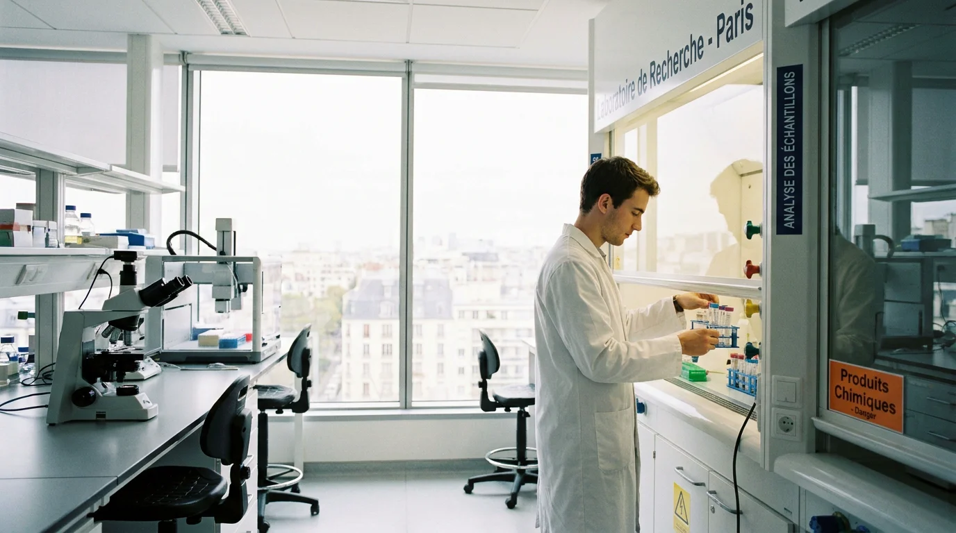 Alternant technicien de laboratoire manipulant des tubes à essai dans un laboratoire moderne en France