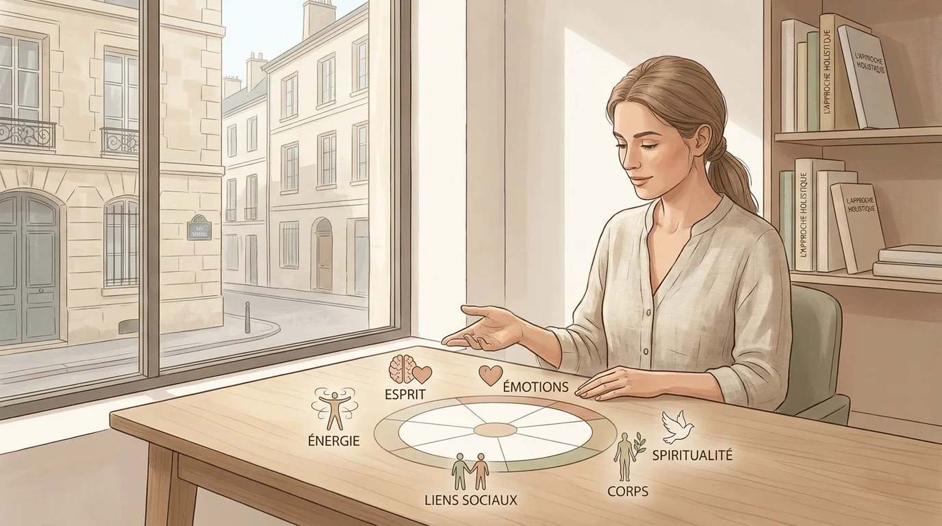 Illustration d'un thérapeute holistique dans son cabinet en France, entouré de symboles représentant les six dimensions du soin global