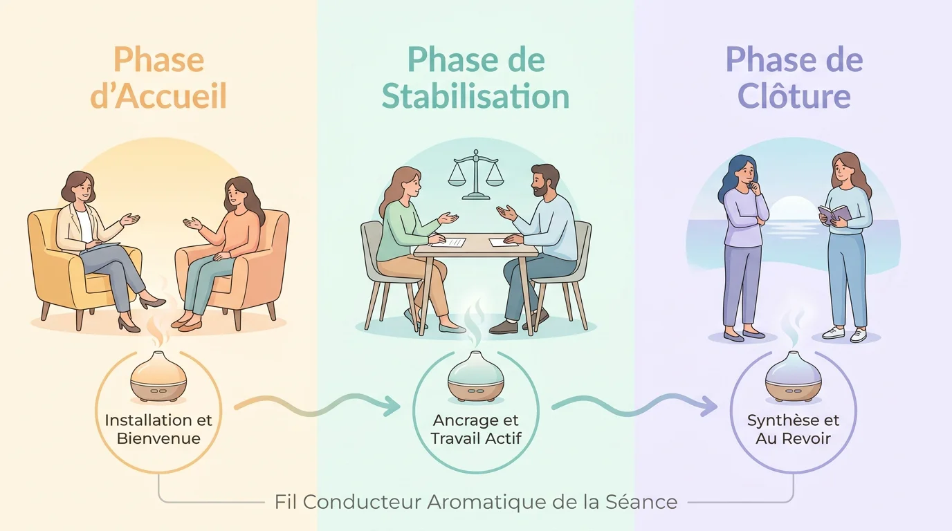Illustration des trois phases d'une séance structurée : accueil, stabilisation et clôture avec ancrage sensoriel