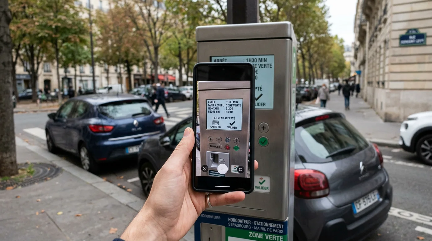 Automobiliste photographiant un horodateur pour constituer une preuve de stationnement