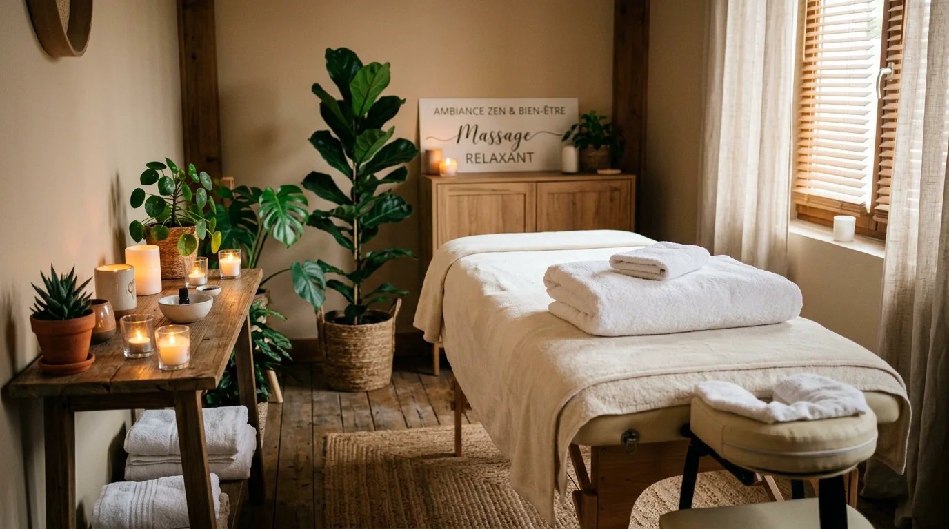 Cabine de massage à l'ambiance apaisante avec lumière tamisée