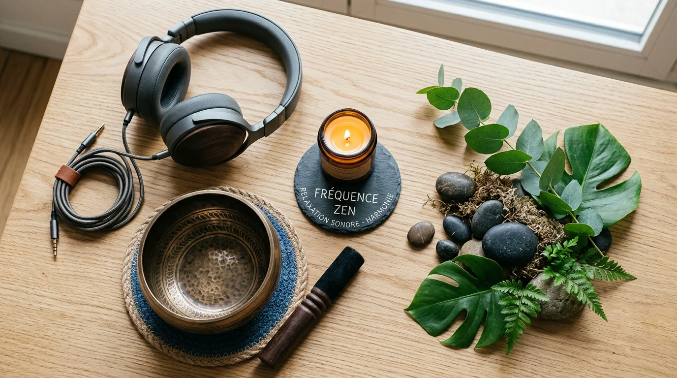 Objets zen et casque audio évoquant la musique de relaxation