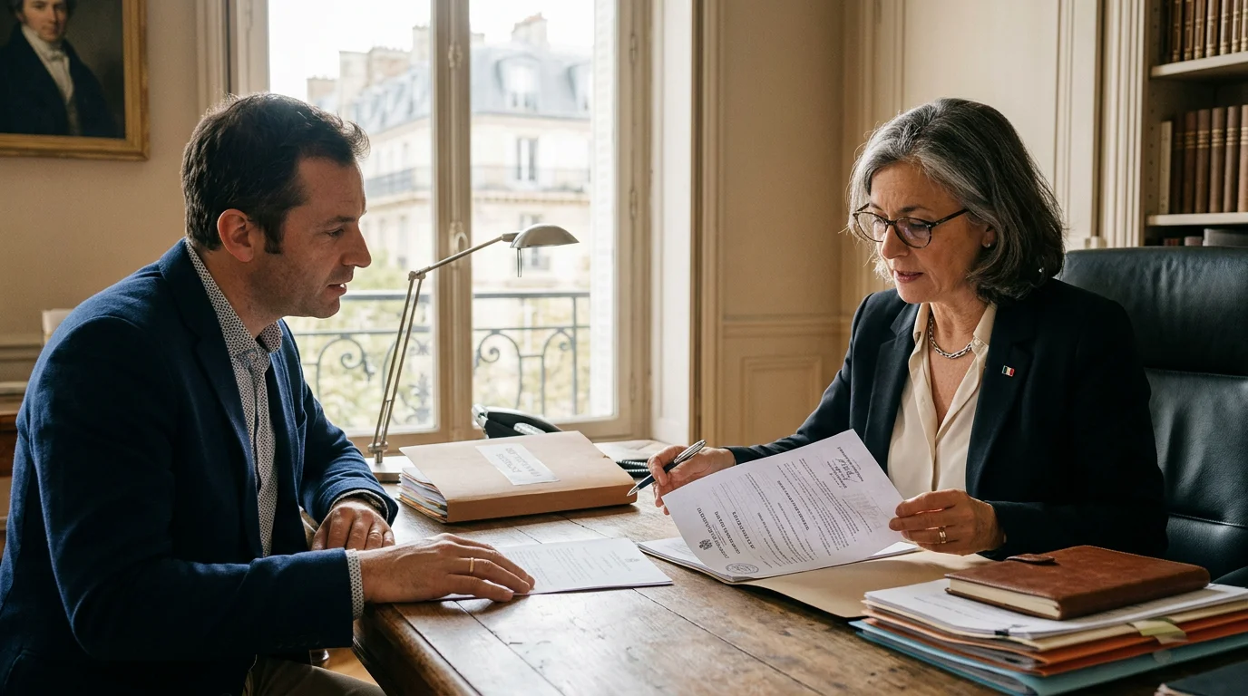 Un notaire vérifie les diagnostics immobiliers avec un vendeur avant la signature