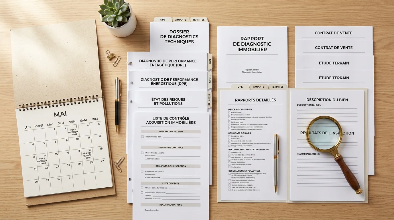 Documents de diagnostics immobiliers organisés avec un calendrier pour vérifier leur validité