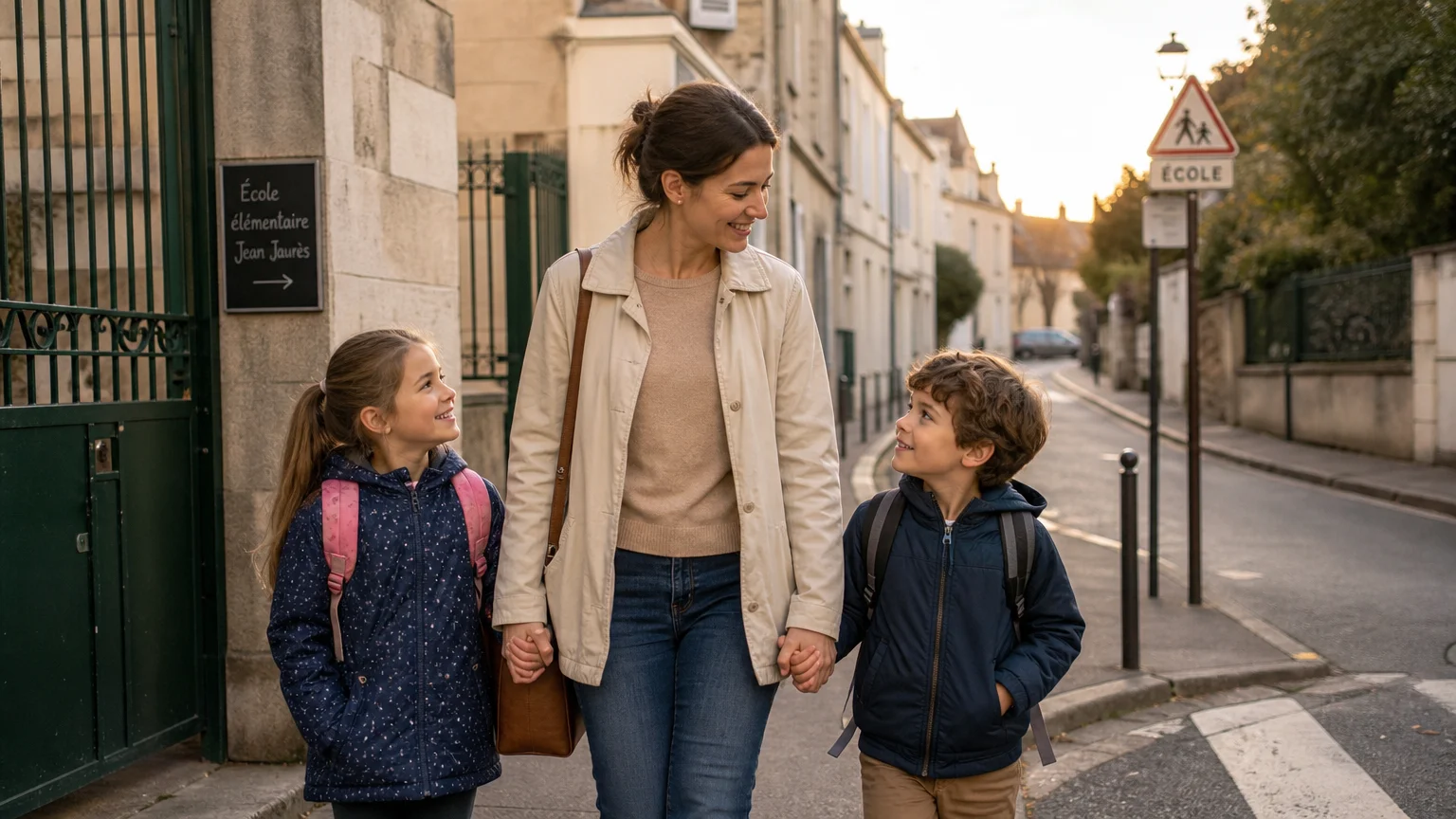 Une intervenante raccompagne deux enfants à pied après l'école