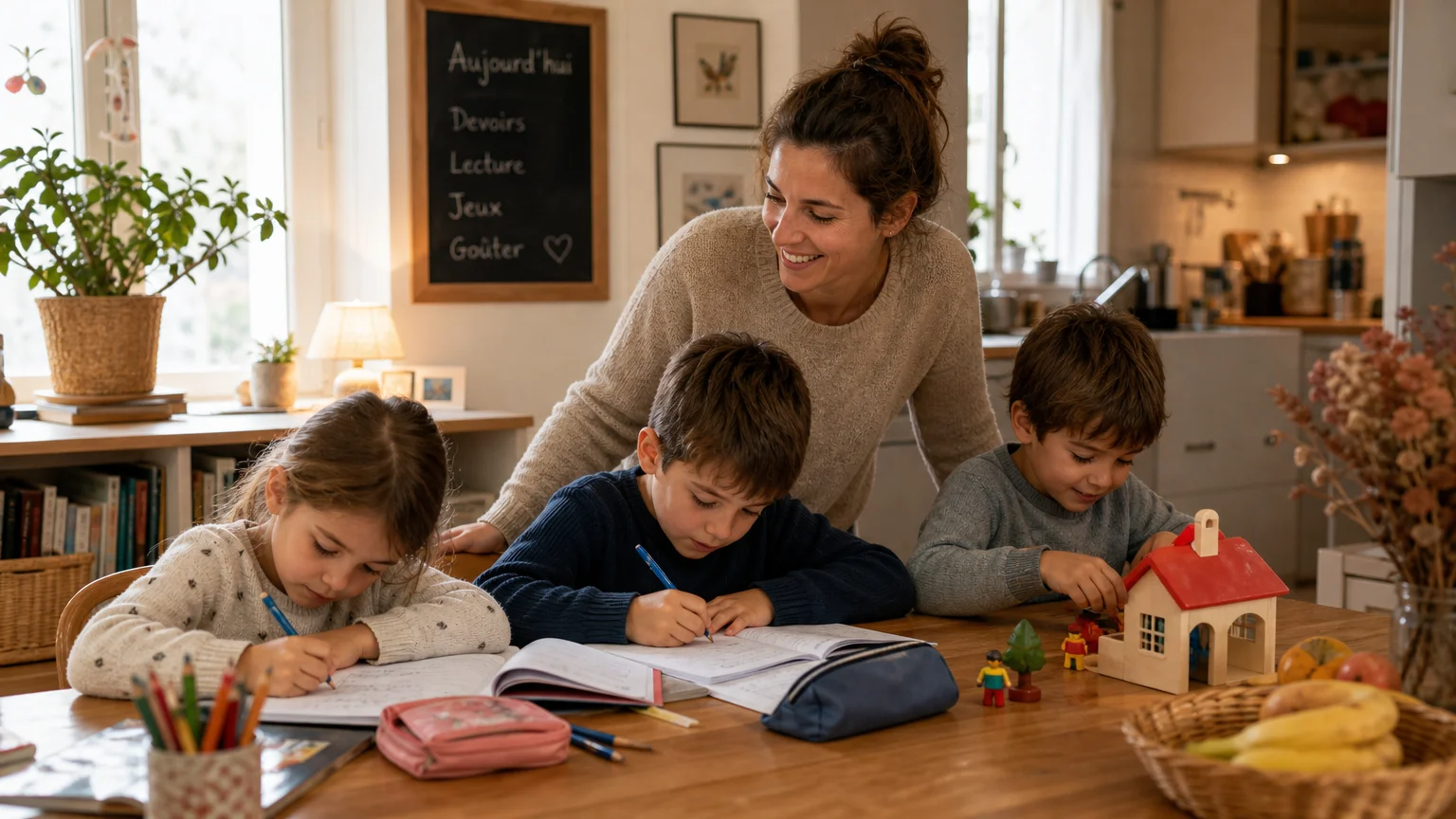 Une nounou encadre trois enfants en garde partagée à la maison