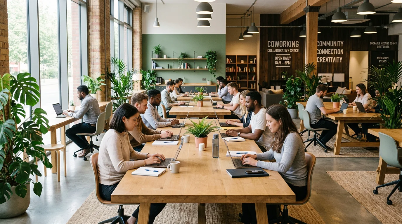 People working together at long shared desks in a light-filled communal workspace