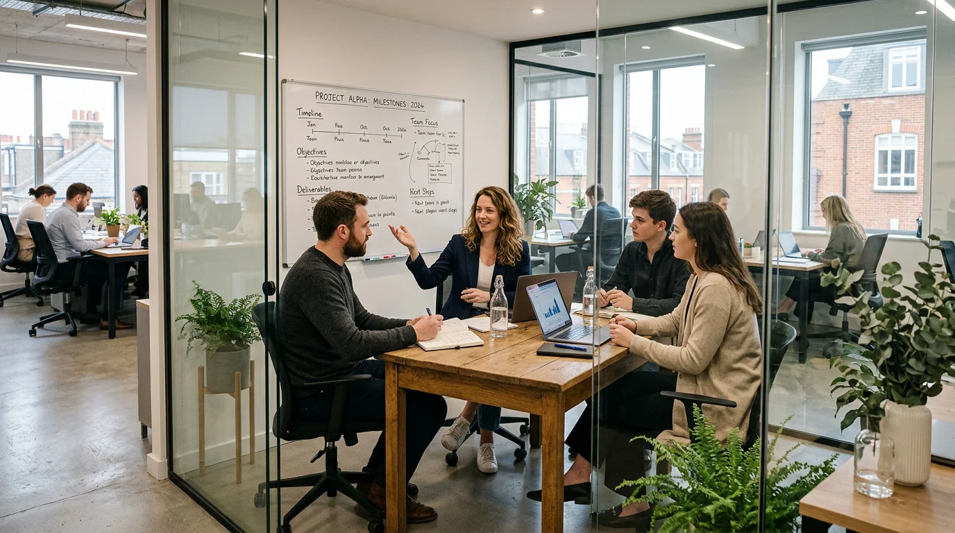 A small team meeting inside a private office within a shared coworking building