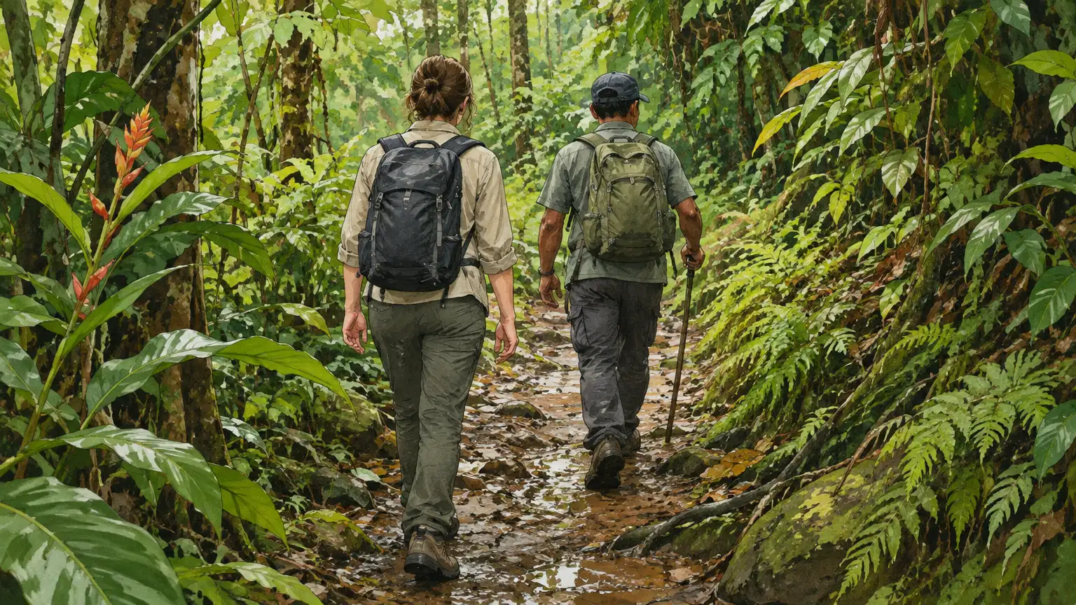 Deux marcheurs avancent sur un sentier forestier à Siberut