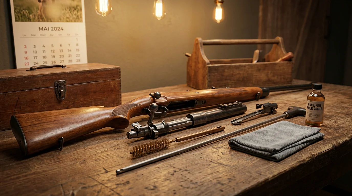 Arme de chasse démontée sur un établi avec kit de nettoyage professionnel