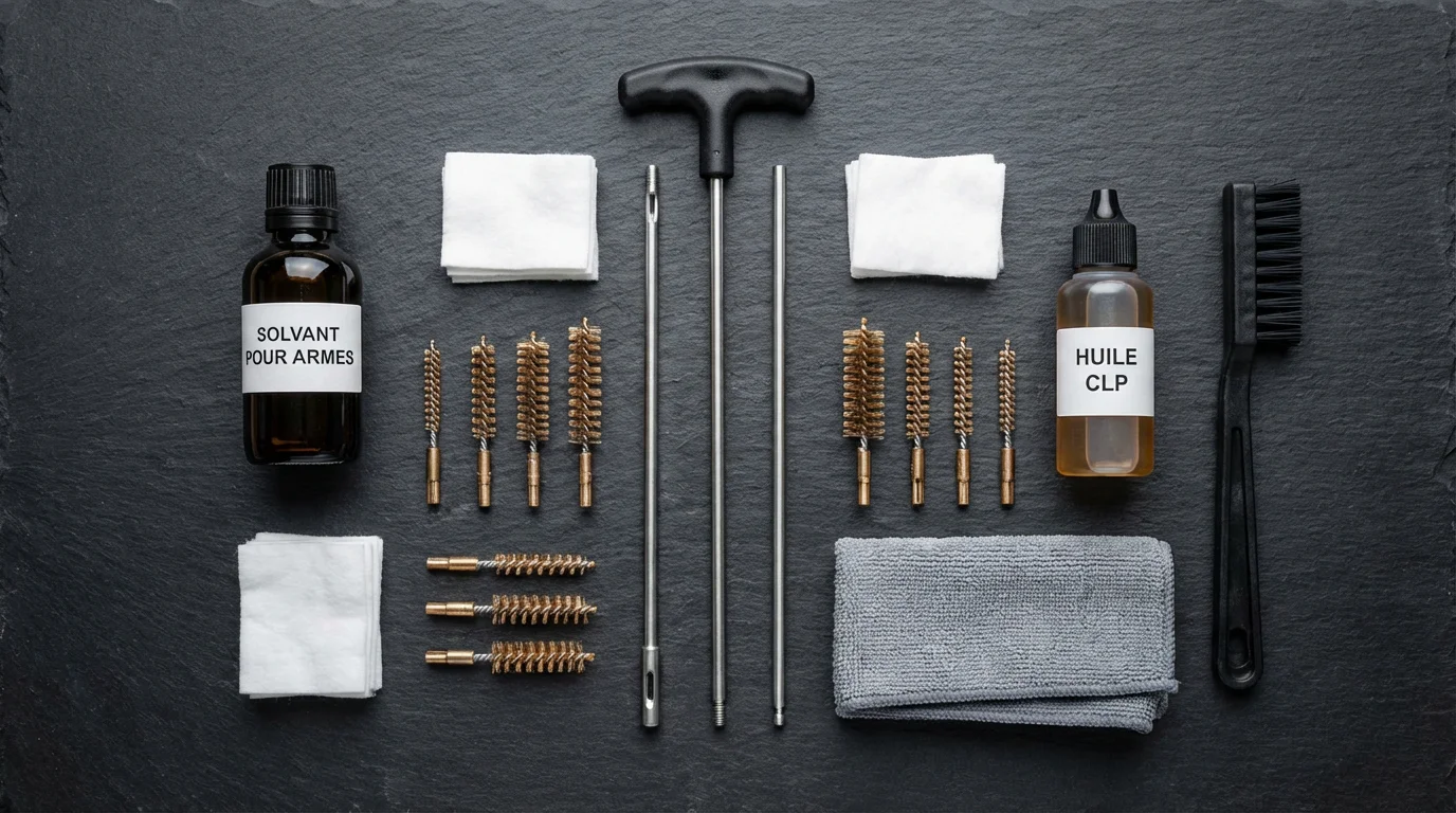 Kit complet de nettoyage pour armes à feu disposé sur une surface sombre