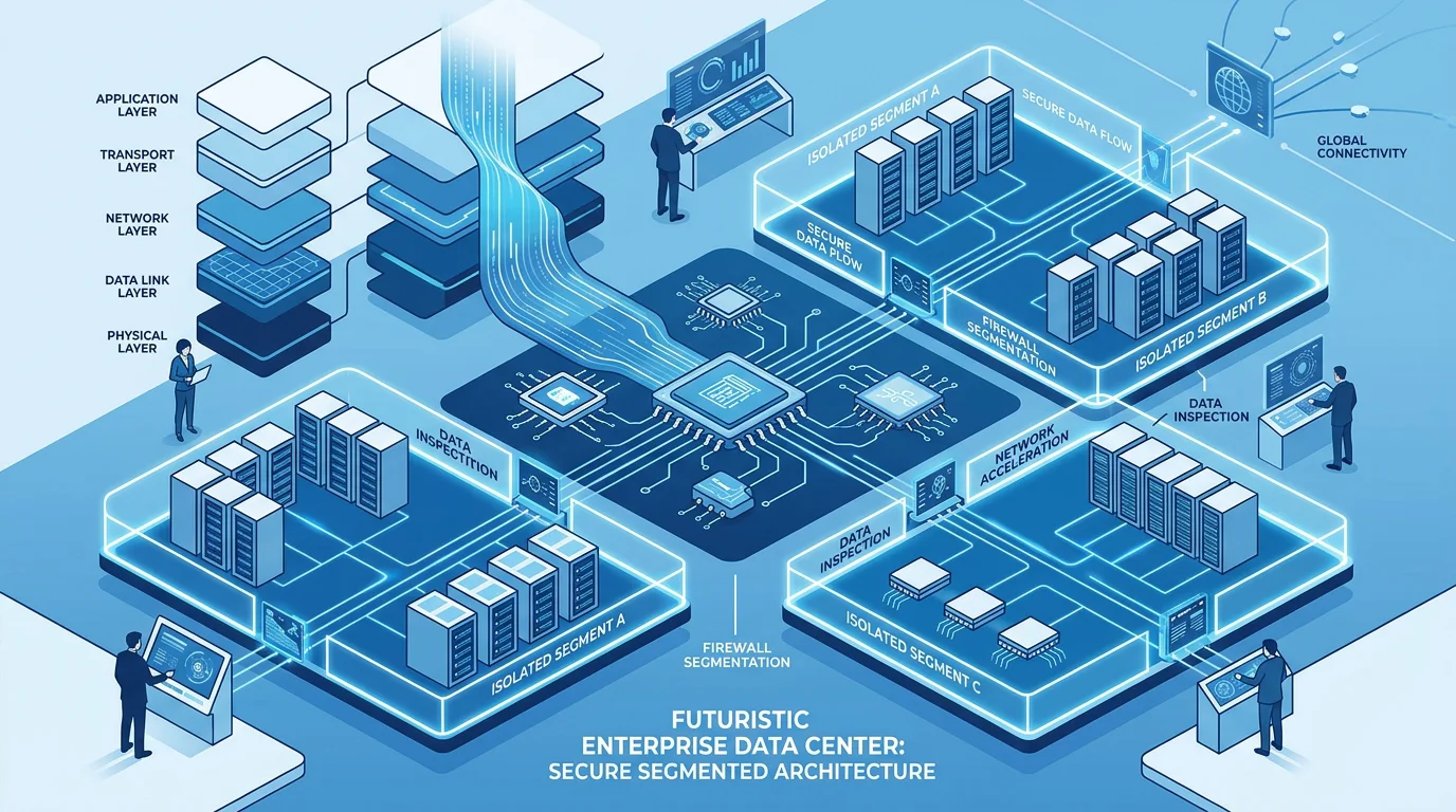 Enterprise data center illustration showing isolated, compartmentalized network segments