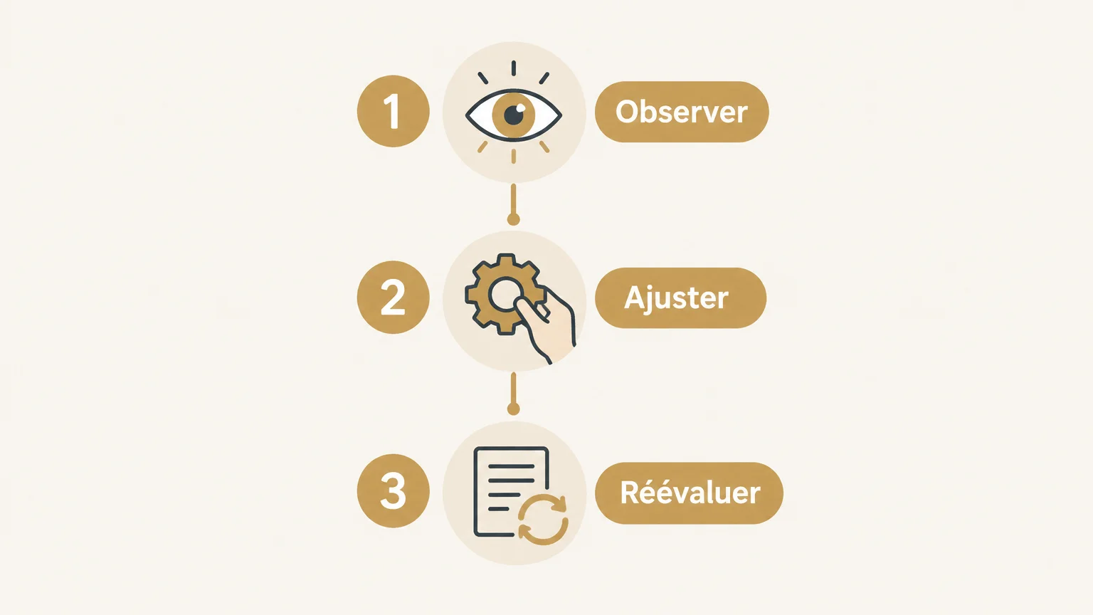 Checklist illustrée en trois étapes : observer, ajuster et réévaluer son jeu.