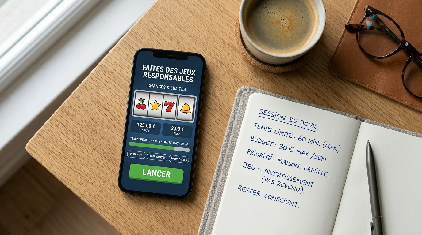 Bureau avec smartphone affichant un jeu de machines à sous et carnet de notes