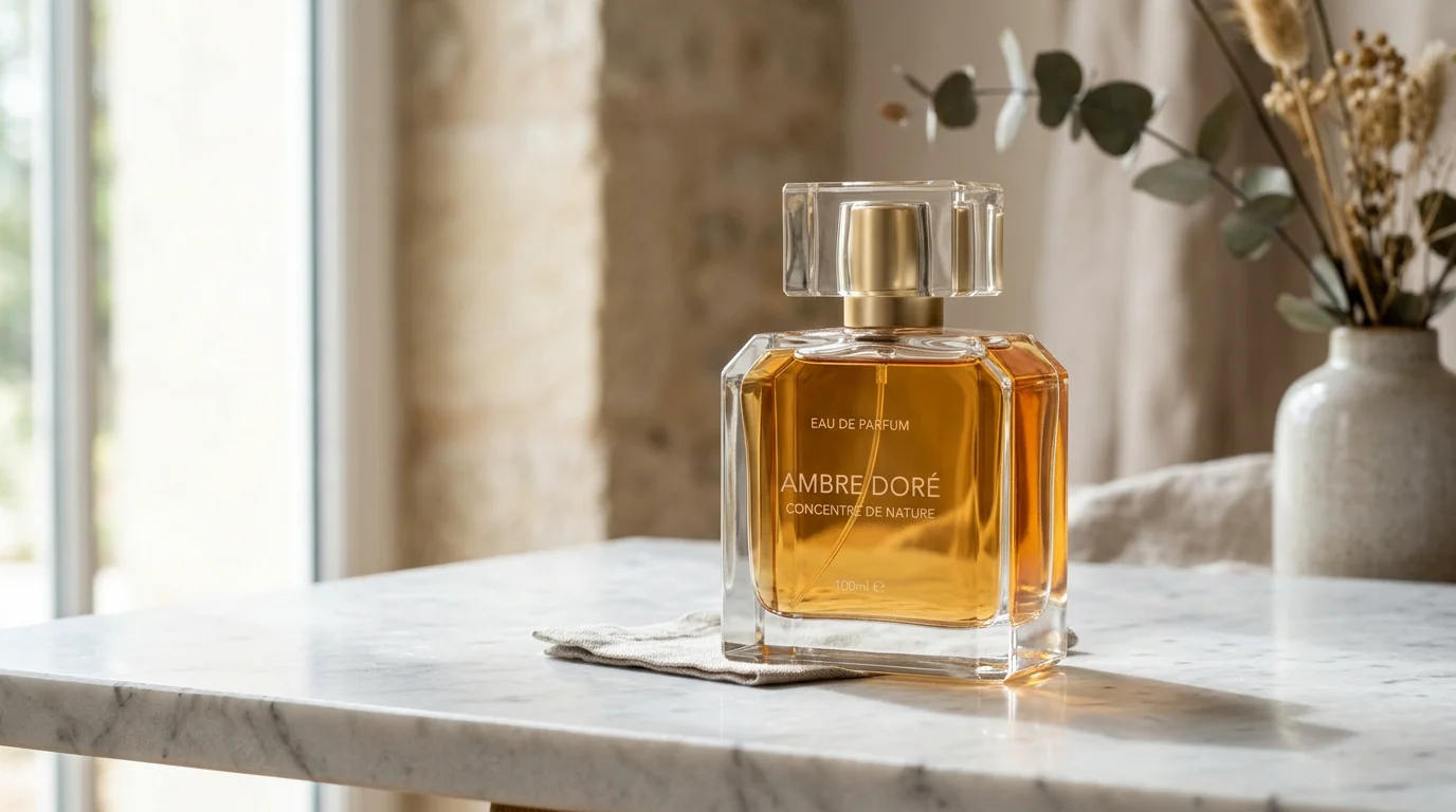 Flacon de parfum extrait masculin sur une surface en marbre