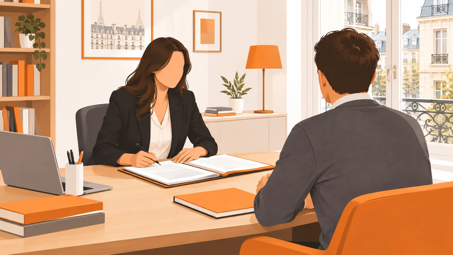 Une avocate et un client échangent autour de documents dans un bureau.