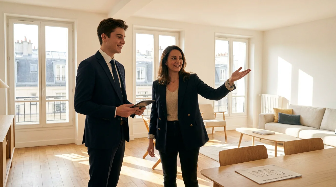 Alternant en immobilier accompagnant un professionnel lors d'une visite d'appartement en France