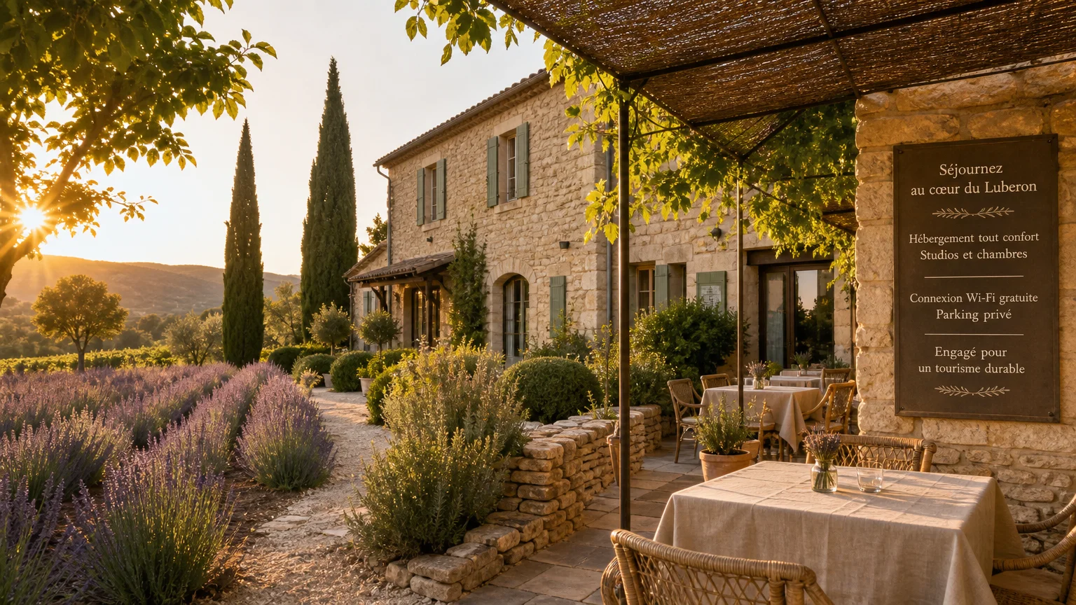 Bastide provençale en pierre restaurée entourée de lavande et de cyprès au coucher du soleil
