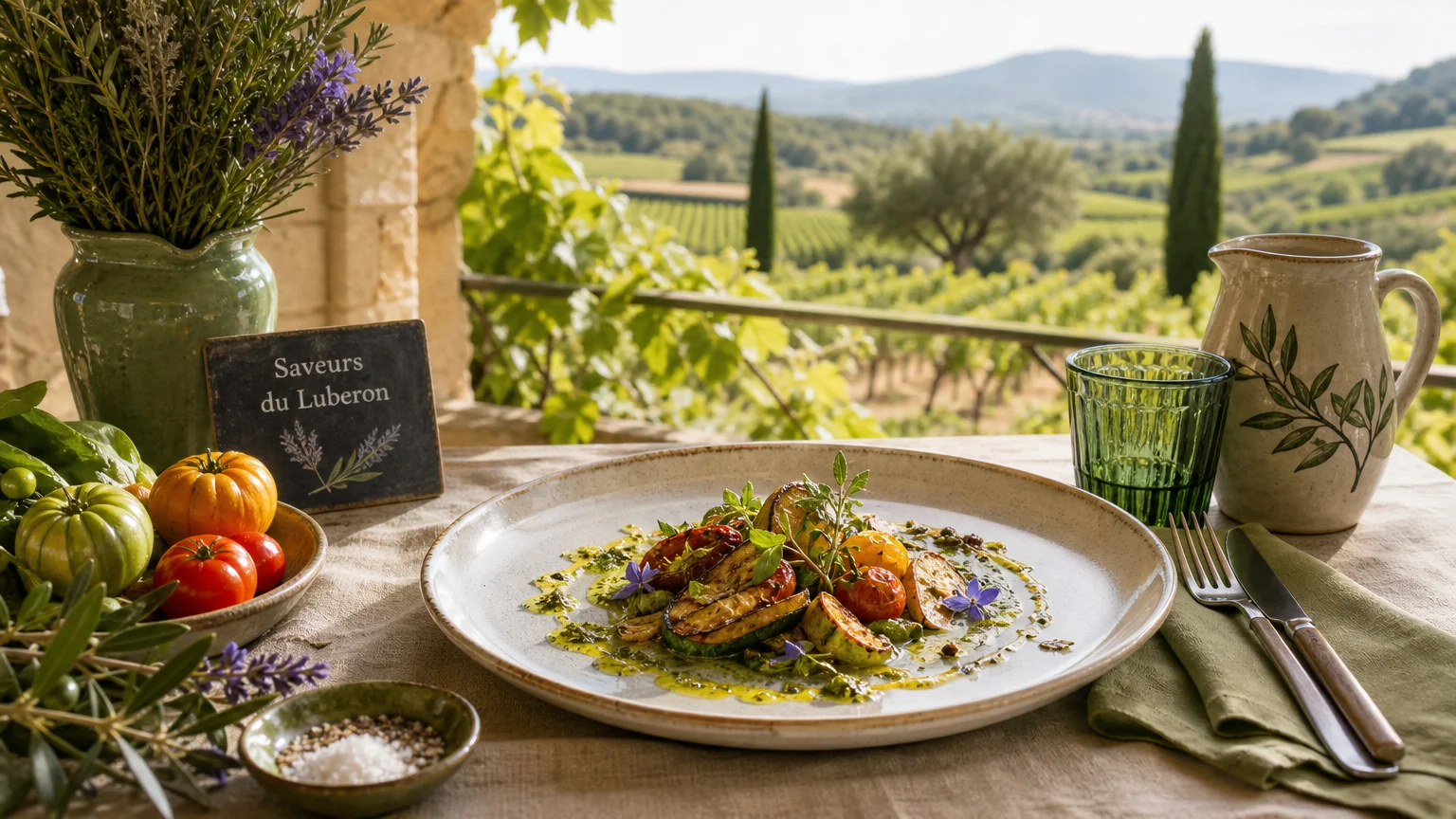 Assiette gastronomique provençale dressée sur une terrasse face aux vignes