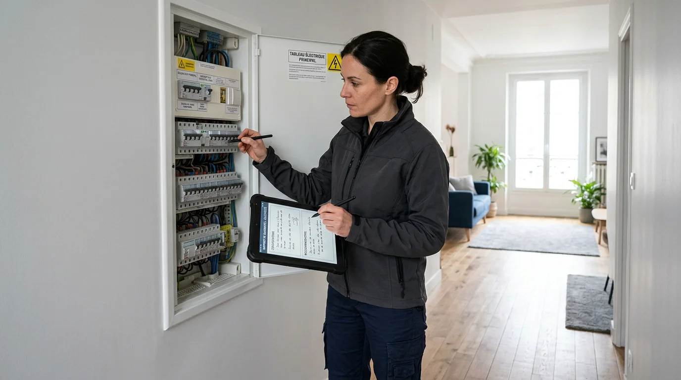 Diagnostiqueur certifié contrôlant une installation électrique dans un logement meublé