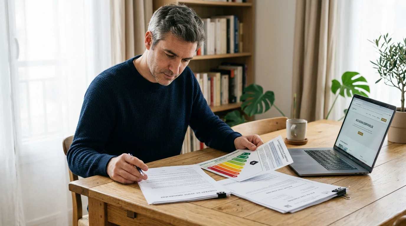 Propriétaire analysant l'étiquette énergétique de son logement avant sa mise en location