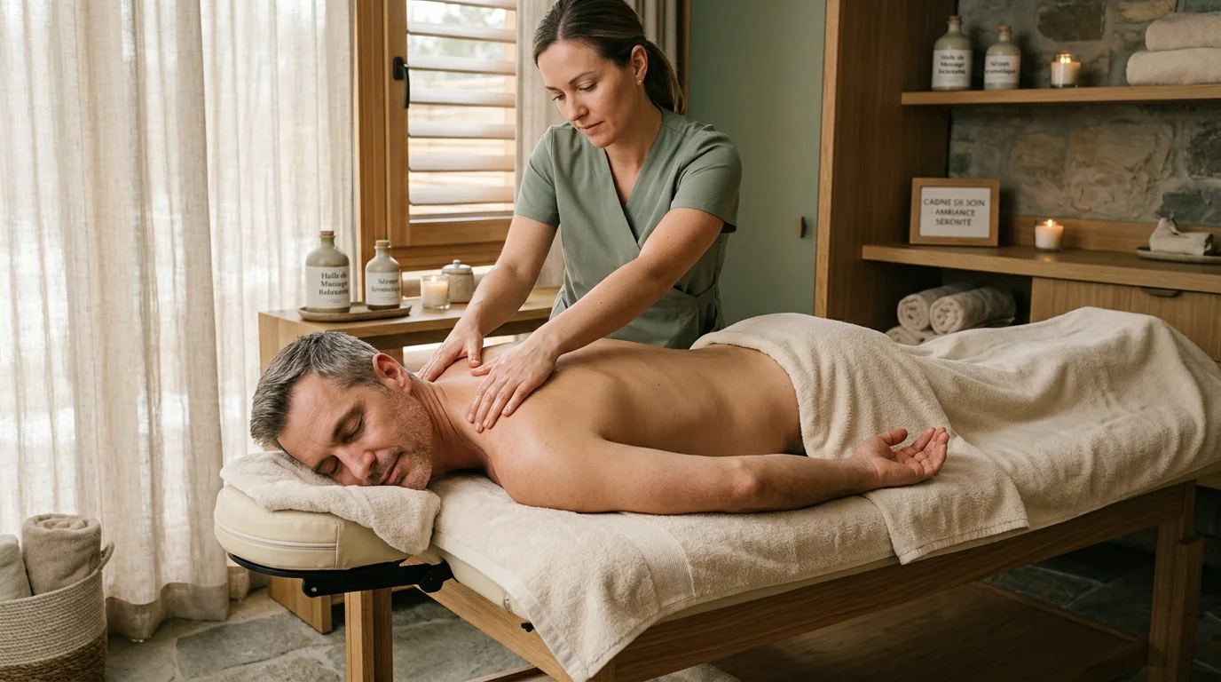 Homme détendu recevant un massage du dos et des épaules dans un spa haut de gamme