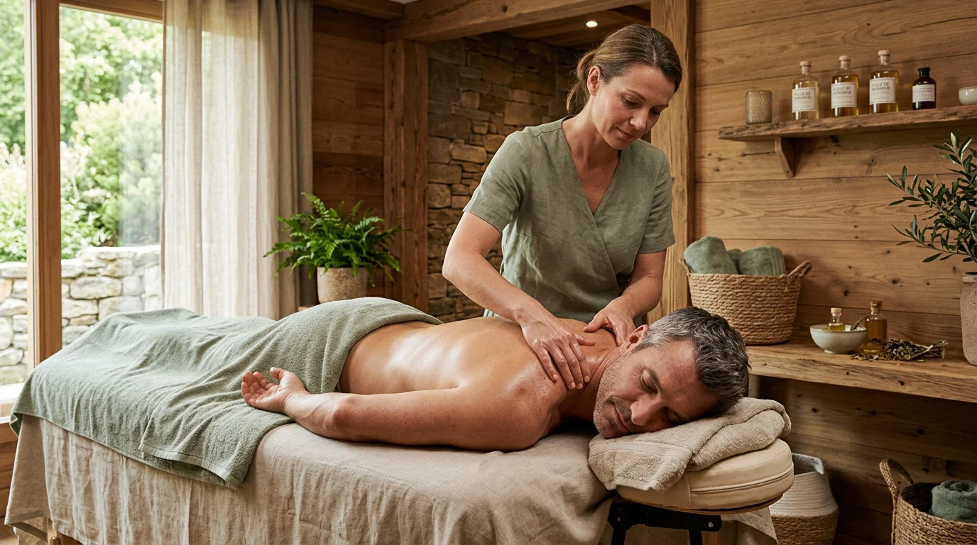 Homme détendu recevant un massage du dos dans une cabine de spa