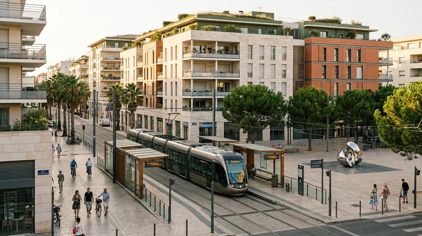 Quartier résidentiel moderne à Montpellier avec tramway, idéal pour l'investissement locatif
