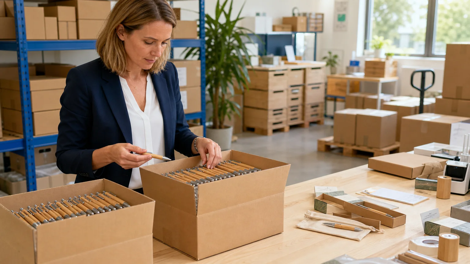 Préparation logistique de stylos publicitaires en bambou pour plusieurs destinataires
