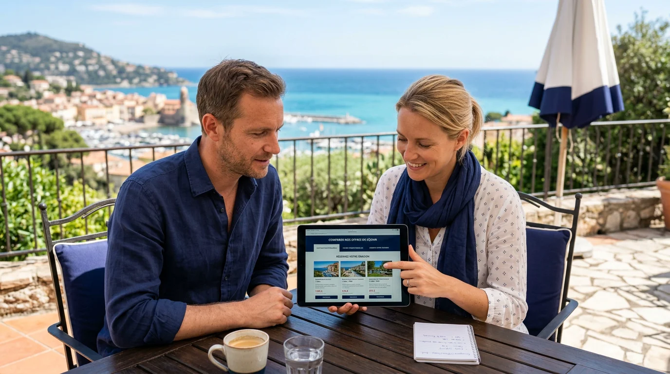 Couple comparant des offres d'hôtel club tout compris sur une tablette