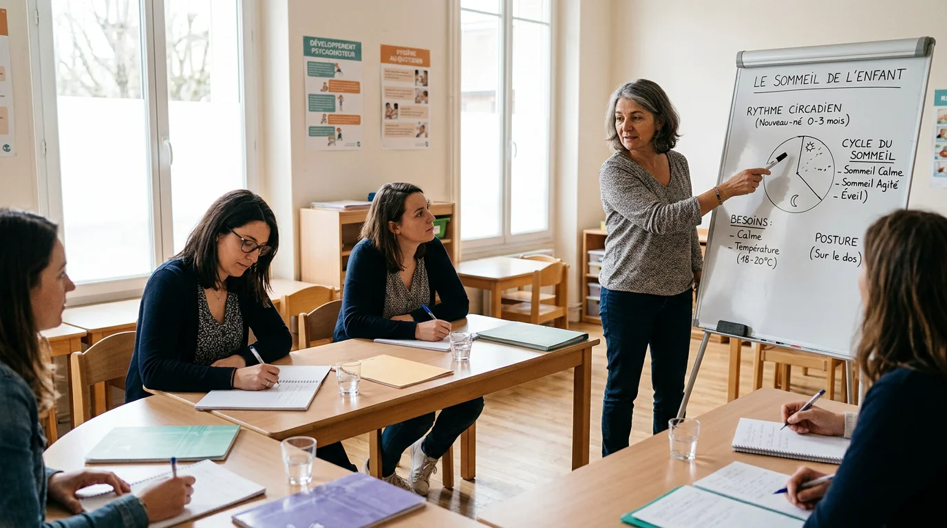 Assistantes maternelles en session de formation initiale dans une salle de classe