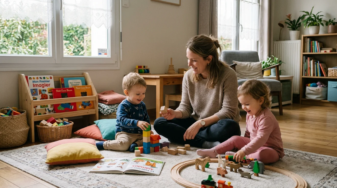 Assistante maternelle jouant avec deux jeunes enfants dans un salon sécurisé