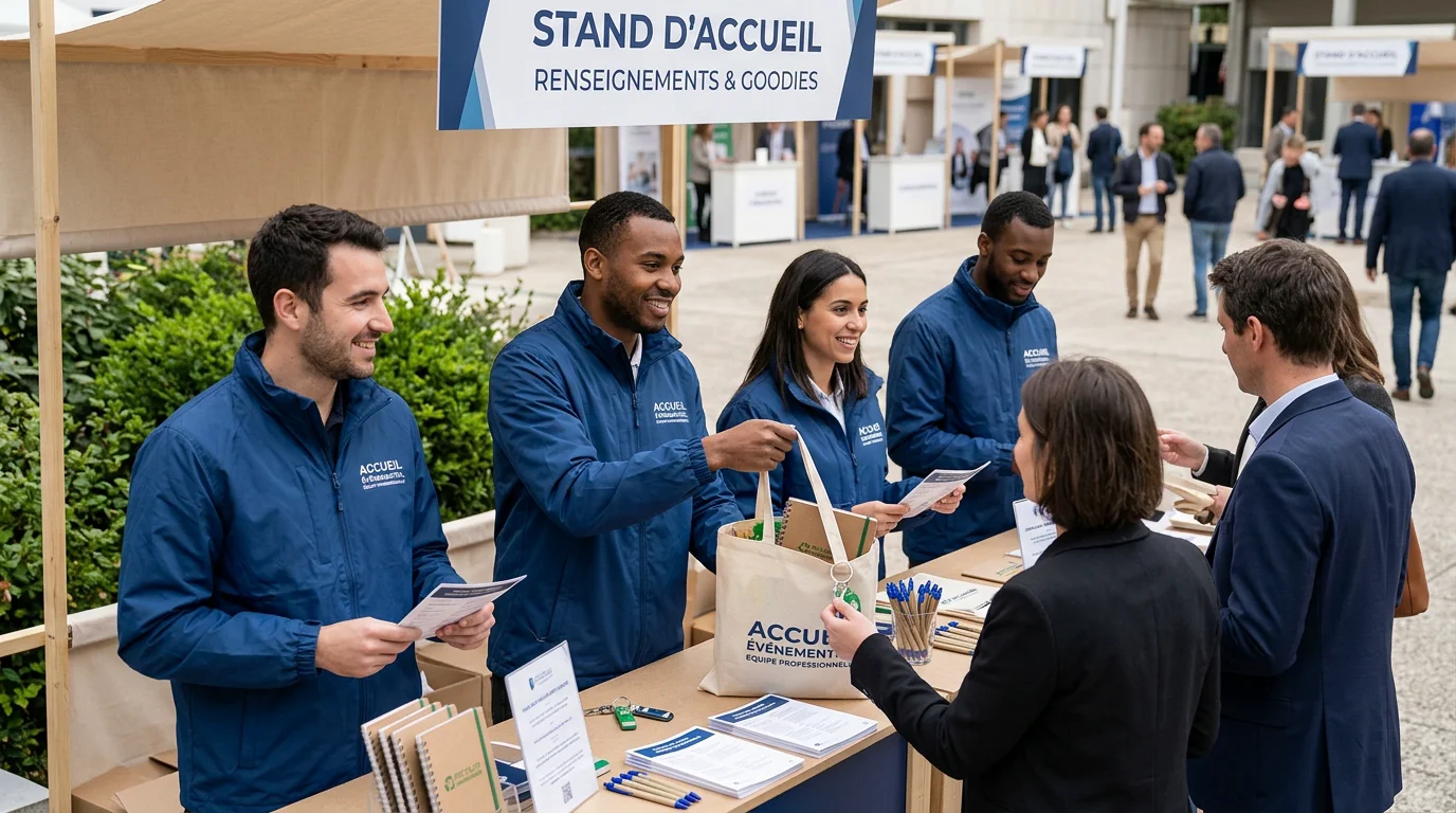 Équipe portant des coupe-vents personnalisés sur un stand de salon professionnel