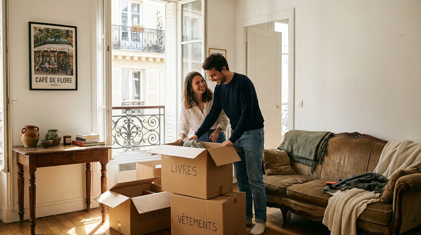 Cartons de déménagement dans un appartement chaleureux lors d'un emménagement en couple