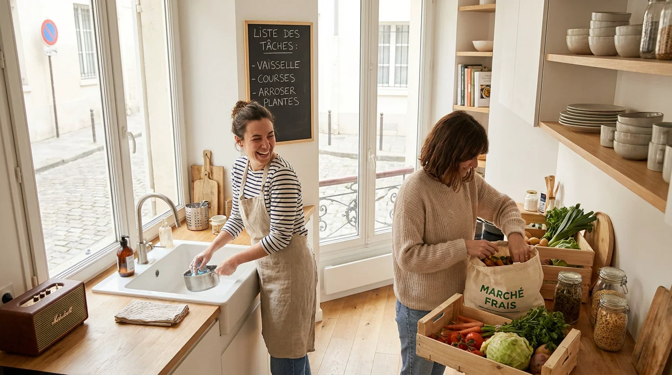 Couple partageant les tâches ménagères dans une cuisine moderne et lumineuse