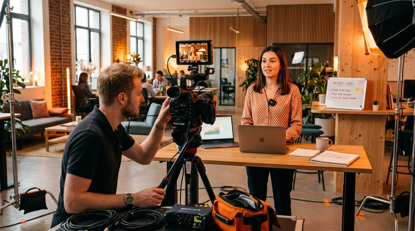 Vidéaste filmant une collaboratrice pour un film de recrutement