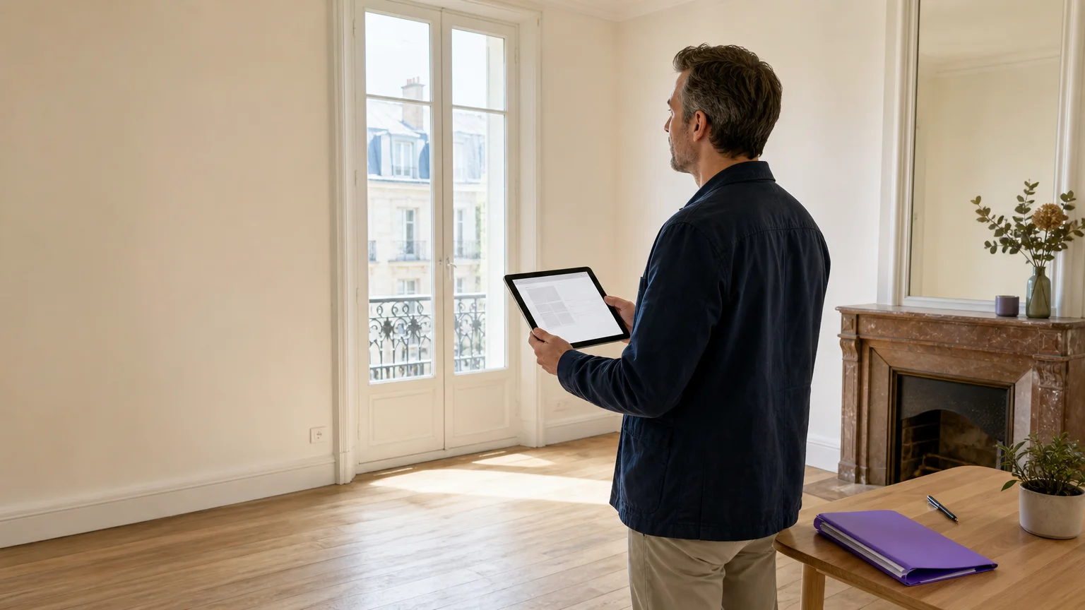 Un bailleur documente soigneusement l’état d’un logement avec une tablette avant l’arrivée d’un locataire.