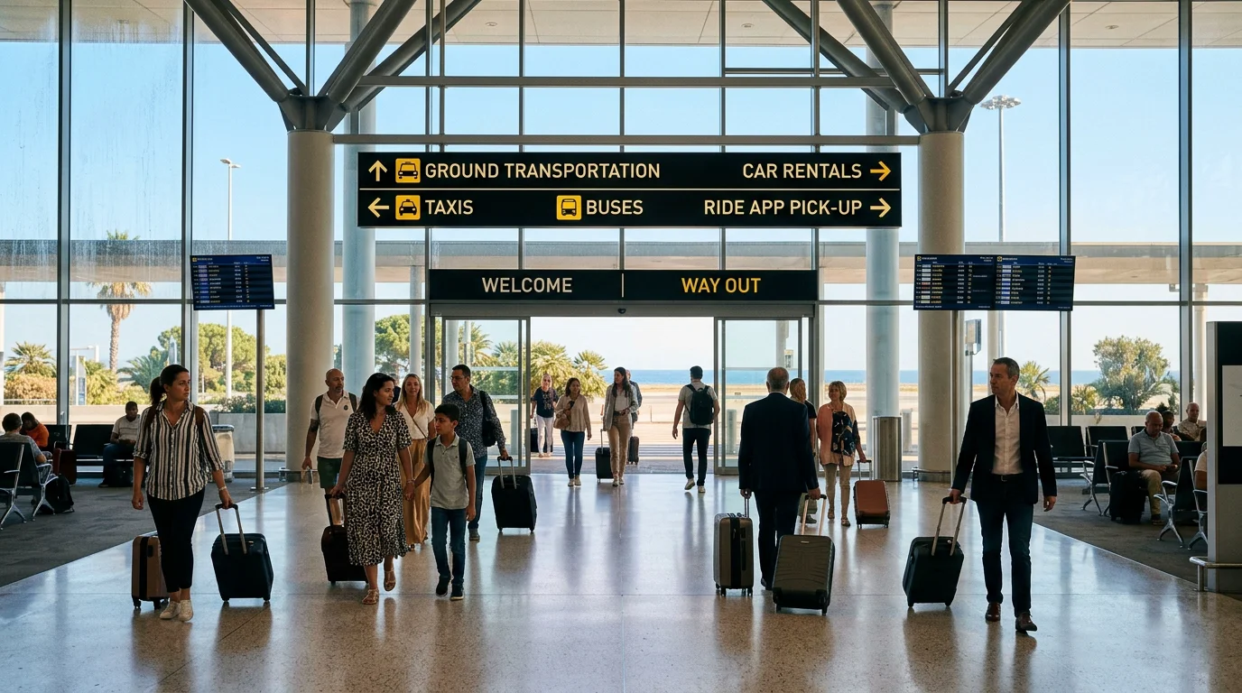 Travelers with luggage heading toward ground transport at a Riviera airport