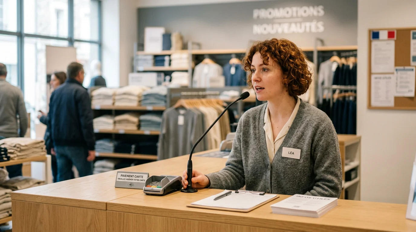Personne utilisant un micro col-de-cygne à un comptoir d'accueil