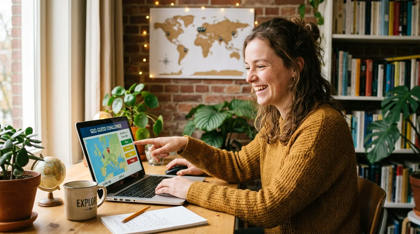 A young person playing a country geography game on a laptop