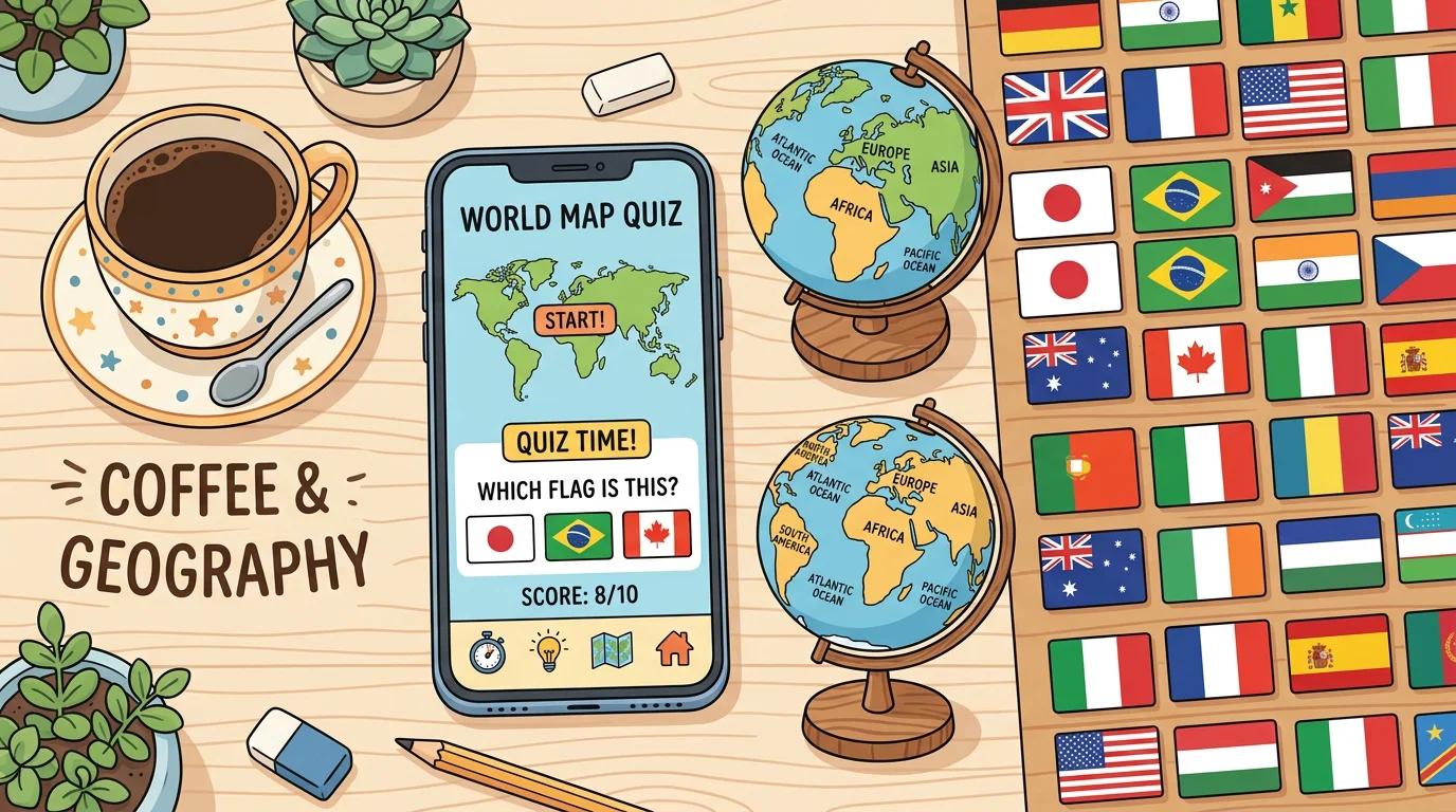 Flat lay of a phone, flag cards and a globe for a geography game