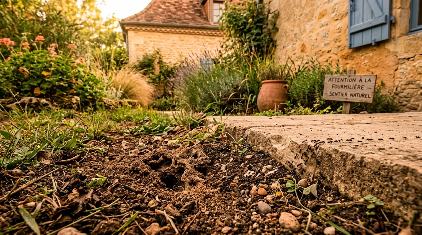 Entrée d'un nid de fourmis dans le sol près d'une terrasse